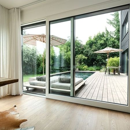 Ausblick aus dem Wohnzimmer auf den Pool